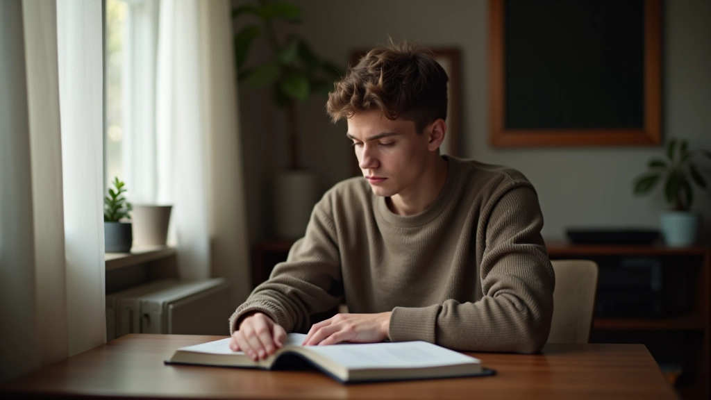 Estudante concentrado lendo texto em inglês com caneta em mão