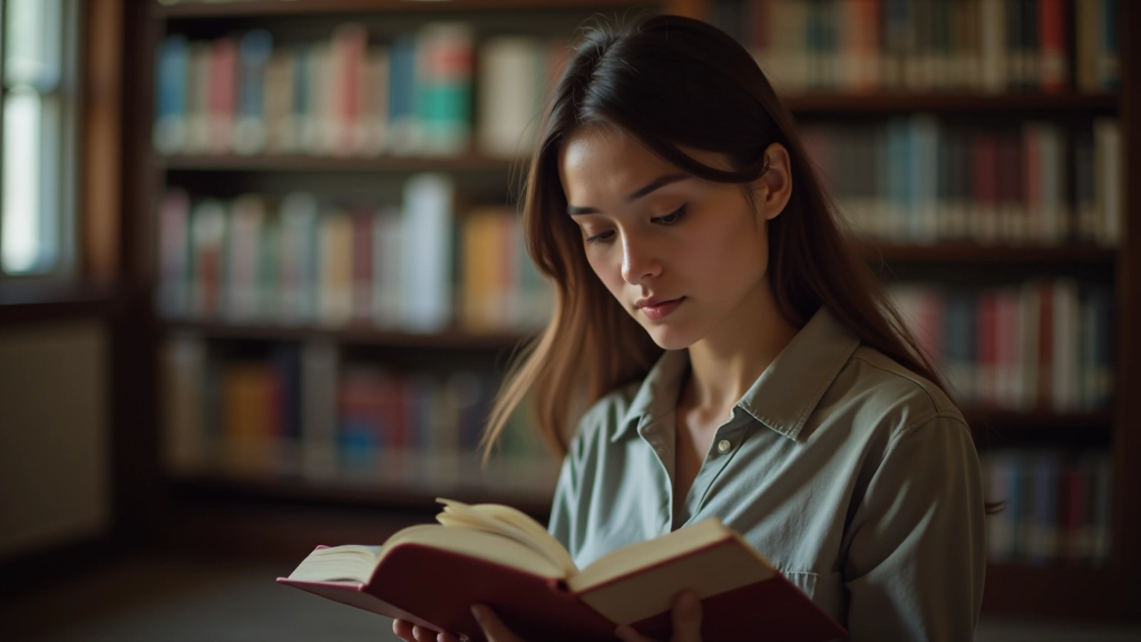 Mulher lendo um livro em uma biblioteca silenciosa com estantes ao fundo